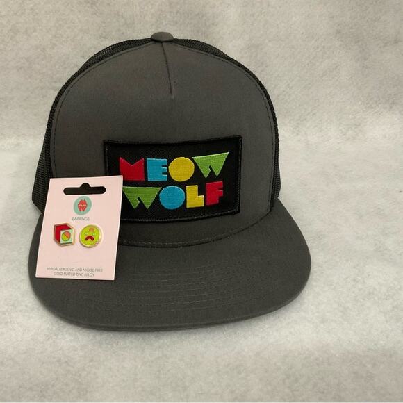 Meow Wolf Flat Bill Hat and Greebles Stud Earrings NWT - Picture 1 of 9